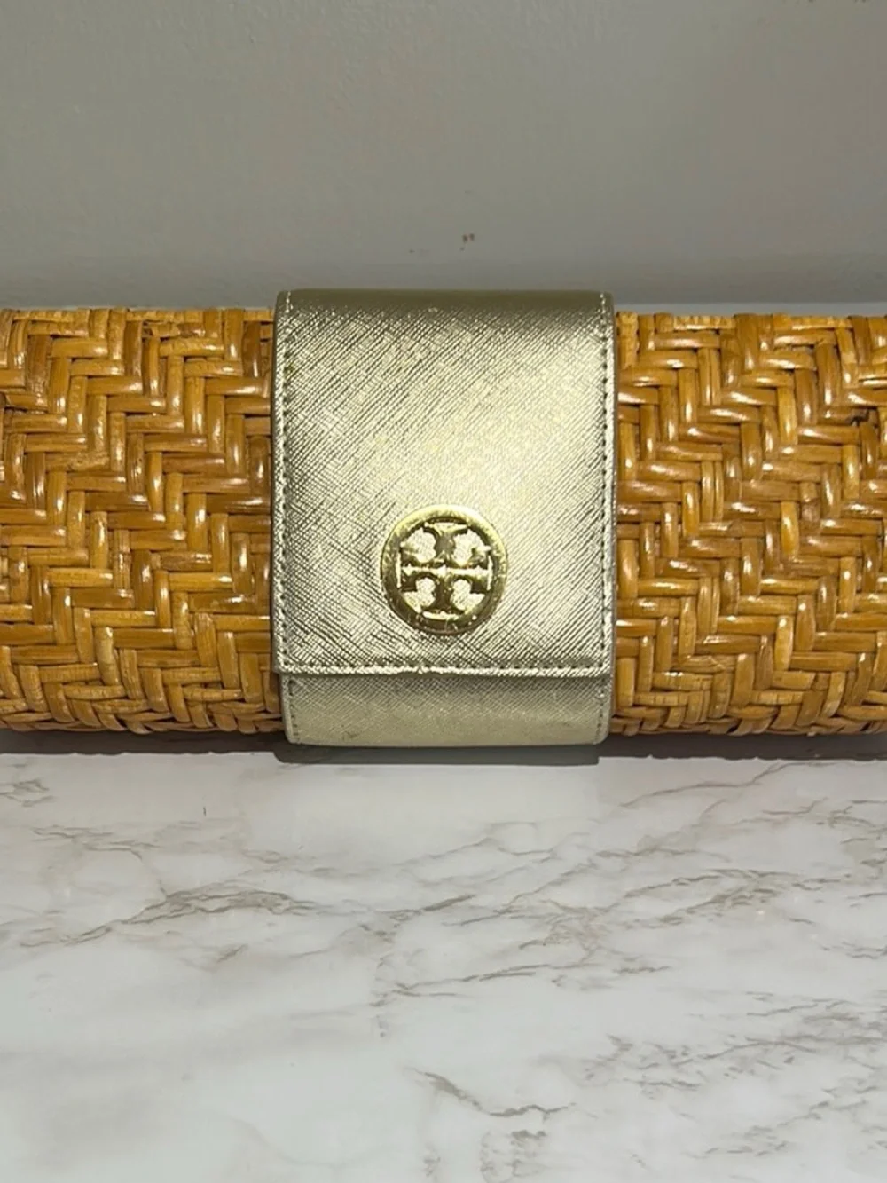 Tory Burch Yellow Woven Straw Clutch with Gold-Tone Tab